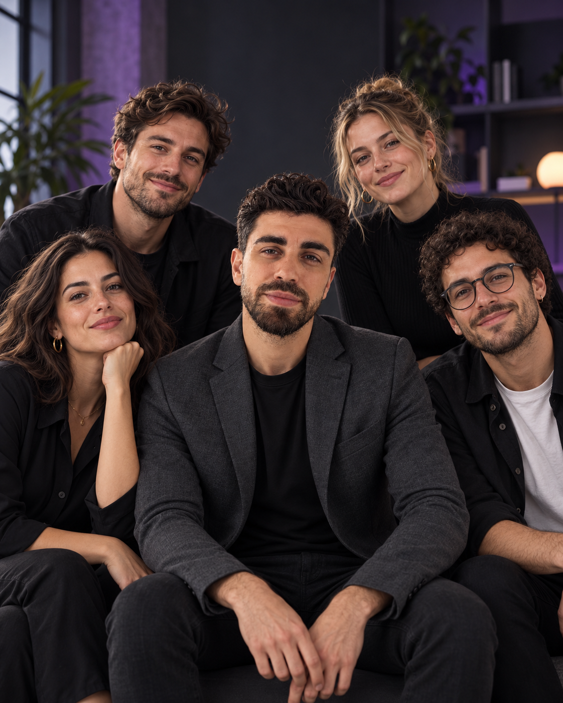 Composizione generata con IA: Francesco al centro di un team illustrativo
